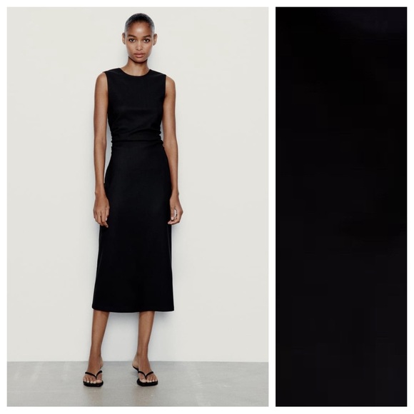 NWT. Zara Black Draped Side Fitted Midi Dress. Size XL. - Picture 1 of 9